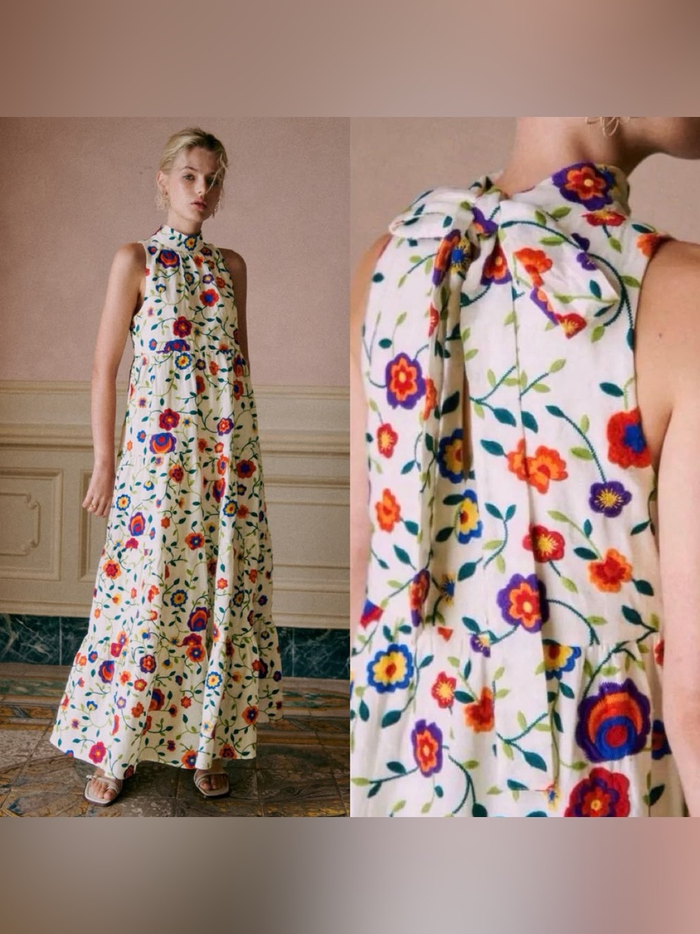 Sezane Cream Maxi Dress with Multicolor Floral Print